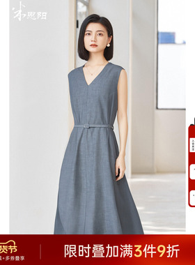 米思阳2025夏季新款高级感无袖V领连衣裙时尚通勤收腰A字裙女3613