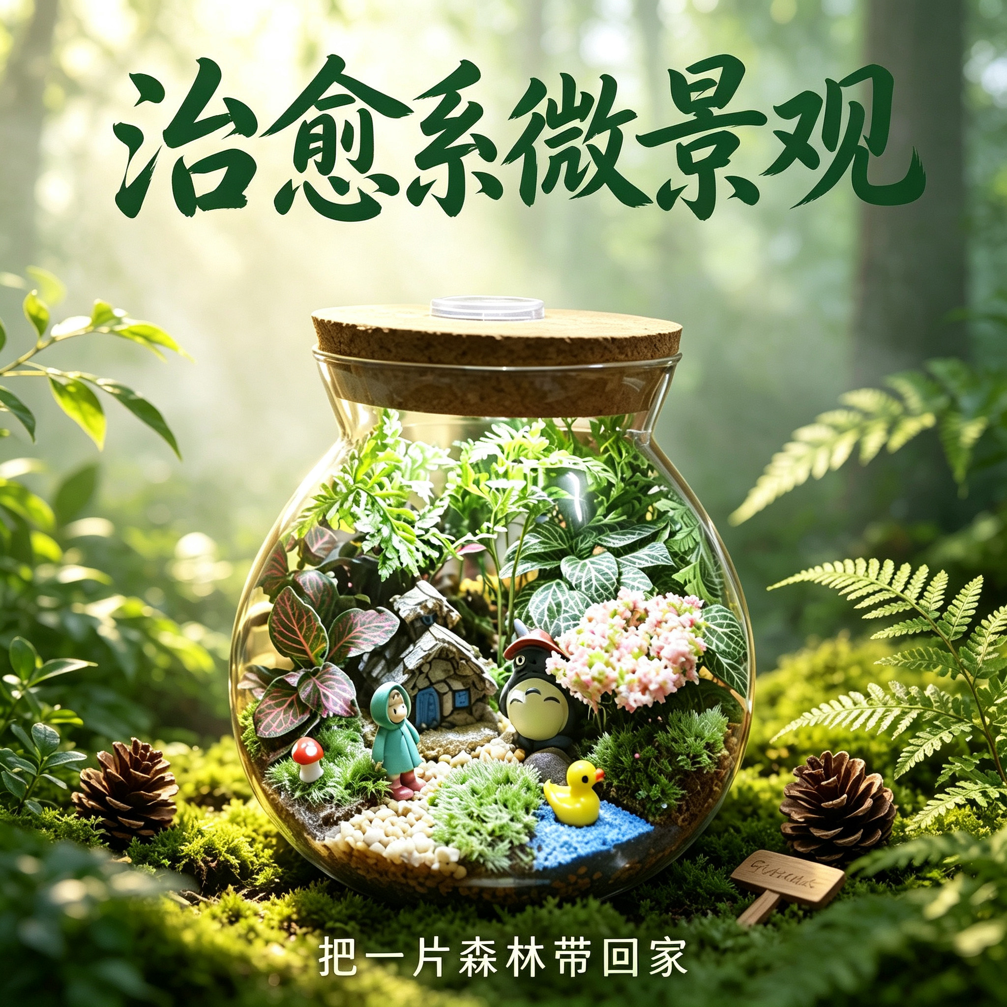 苔藓微景观桌面生态瓶创意夜灯龙猫diy绿植物玻璃盆栽生日礼物