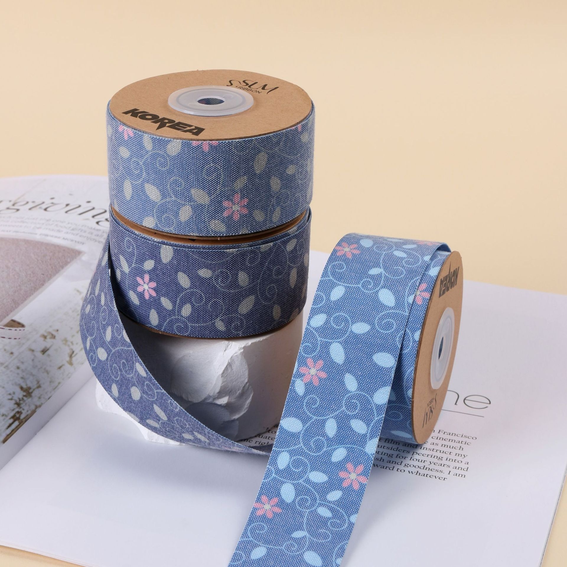 藤蔓小红花印刷牛仔织带DIY鲜花礼盒装饰带蛋糕包装带发饰蝴蝶结