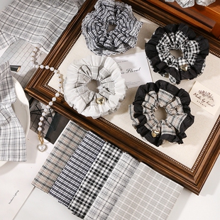 黑白格子布条发饰布料DIY大肠发圈蝴蝶结格纹面料丝带发夹材料