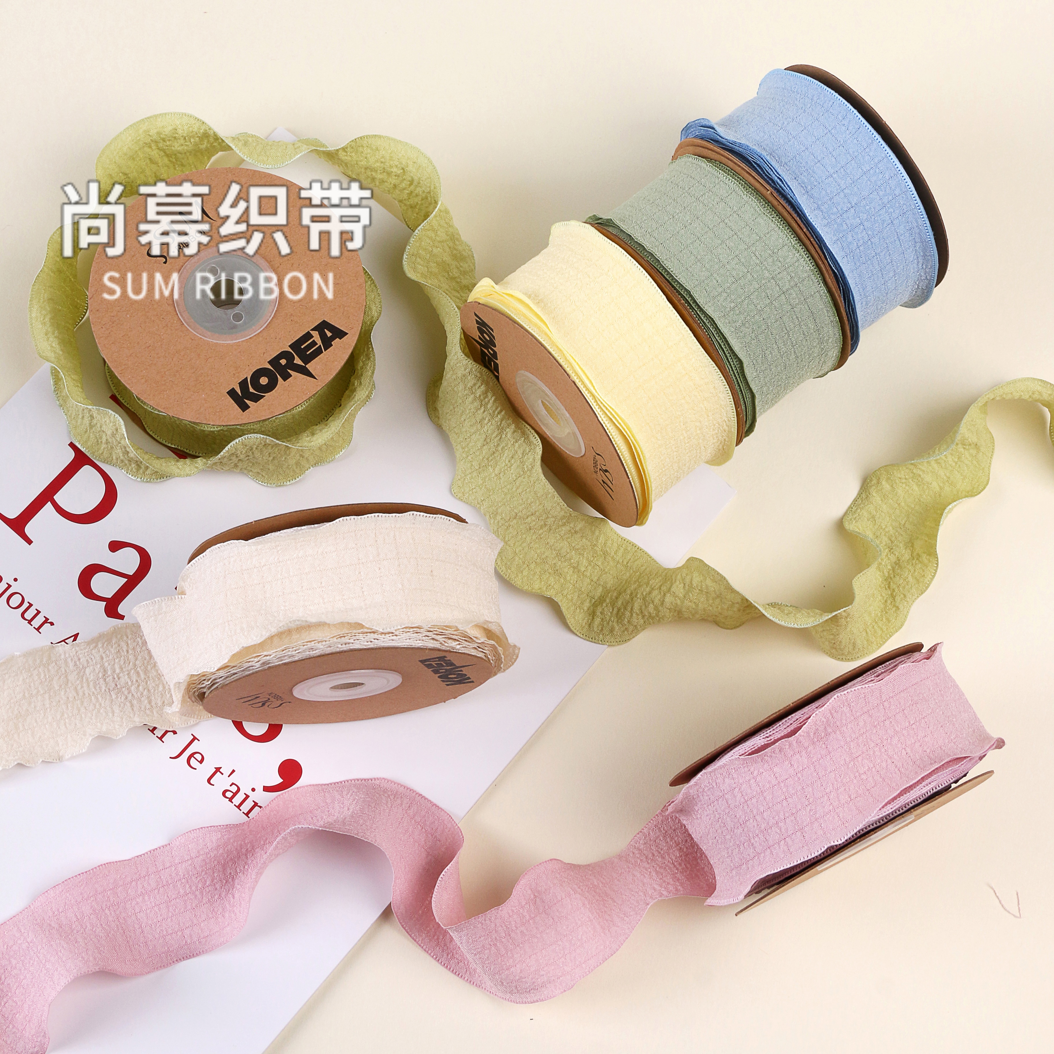 马卡龙色木耳边格子纹彩带diy蝴蝶结发饰鲜花烘焙绸带礼品绑带