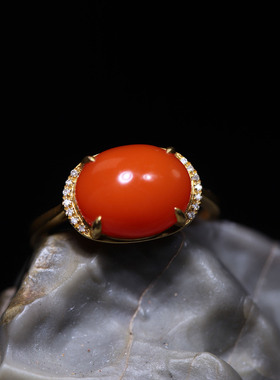 玉秀金镶南红马鞍戒指定制手饰