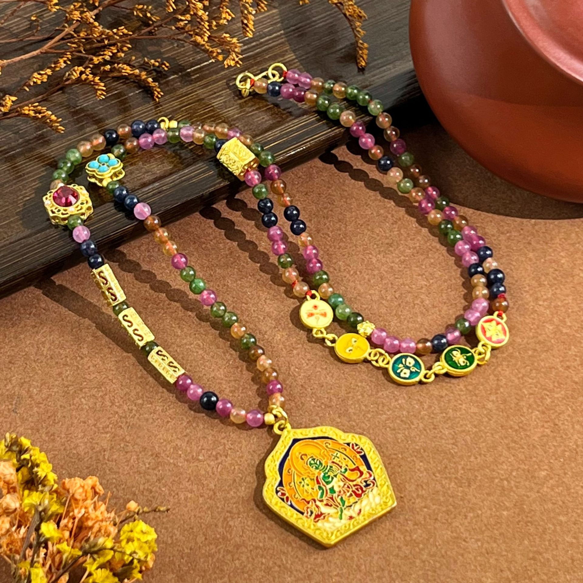 爆款新中式碧玺串珠毛衣链小众设计颈链珐琅彩吊坠项链女