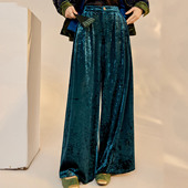 绿色新中式 2025高级感高腰 小个子冬高端新款 丝绒女裤 棕色阔腿裤