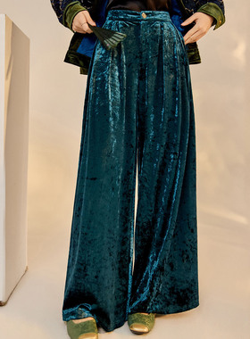 绿色新中式丝绒女裤棕色阔腿裤小个子冬高端新款2025高级感高腰
