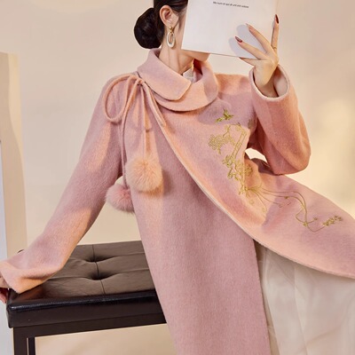 新中式双面呢大衣粉色双面羊毛