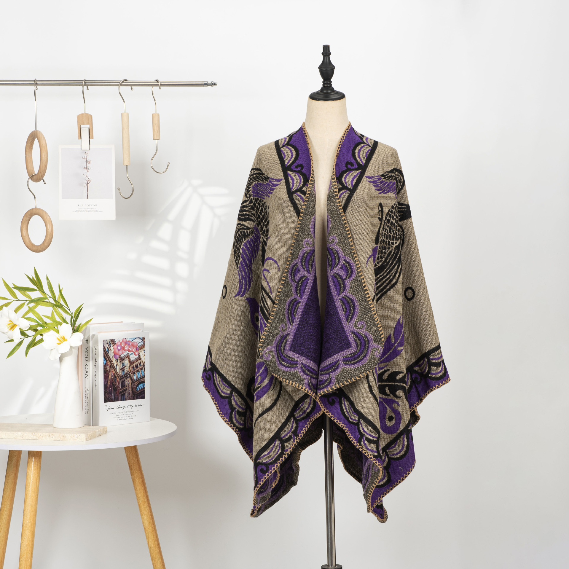 雅韵新品中式复古仿羊绒披肩女刺绣提花斗篷式针织开衫两穿式