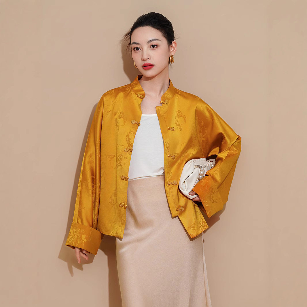 新中式金色外套女2025春季新款高级感高端醋酸唐装薄款衬衫