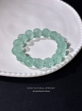 巨美巨推荐天然薄荷曼波绿萤石手链回纹珠雕刻珠手串文玩女生礼物