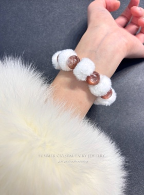 天然毛球手串粉锂云母可爱秋冬手链单圈水晶手串设计款新年礼物