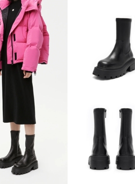 25年新款复古圆头真皮厚底增高女士显腿长弹力瘦瘦靴中筒切尔西靴