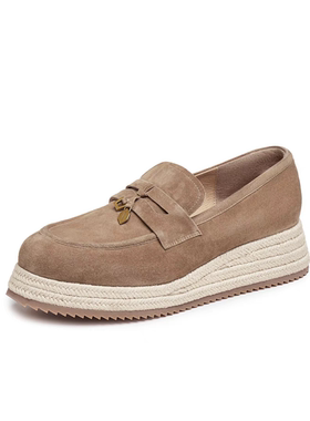 女单鞋新款马赛夏天一脚蹬真皮草编复古渔夫鞋厚底乐福鞋单鞋女鞋