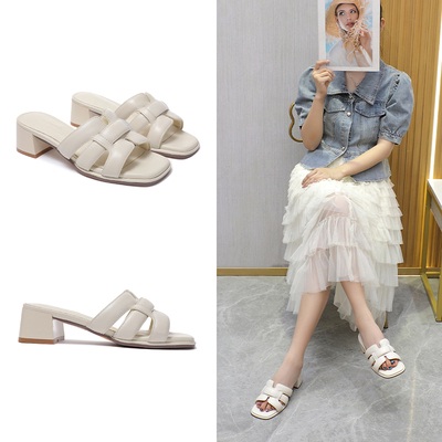 2025夏季新款羊皮法式粗跟凉拖女时尚方头外穿一字拖显气质超百搭