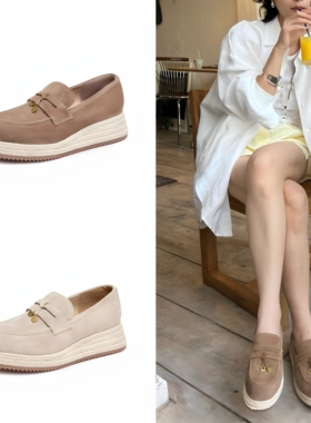 乐福鞋女2025新款皮鞋女厚底增高真皮一脚蹬草编复古渔夫单鞋女鞋