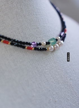 天然珍珠玛瑙紫水晶小众设计复古黑尖晶款个性项链女