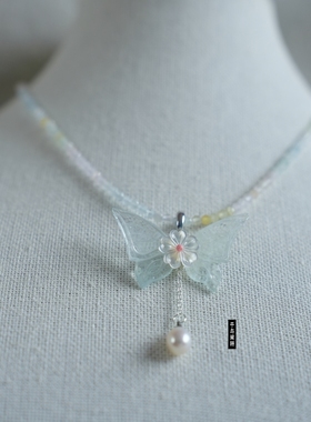摩根石蝴蝶水晶项链珍珠流苏锁骨链小众国风饰品