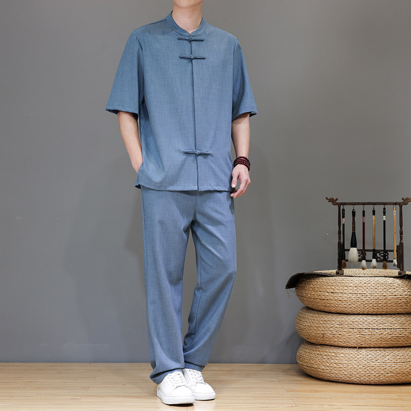 夏季风唐装天丝亚麻高端短袖轻奢套装男A118-TZ2502P165控228,男装休闲套装,电商A118