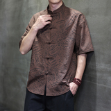 夏季风唐装新中式大码豹纹宽松复古短袖衬衫A118-C033P70控99，男装衬衫，电商A118