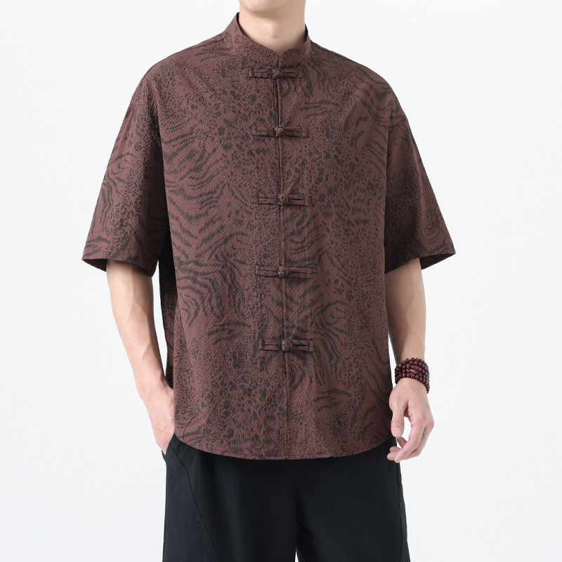 2025夏季风中式唐装短袖衬衫复古豹纹T恤男A118-C033P70控99，男装T恤，电商A118