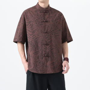 2025夏季风中式唐装短袖衬衫复古豹纹T恤男A118-C033P70控99,男装T恤,电商A118