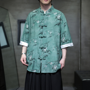夏季风男装唐装短袖衬衣新中式复古大码汉服衬衫A118-C18P65,男白色条纹t血搭配图片