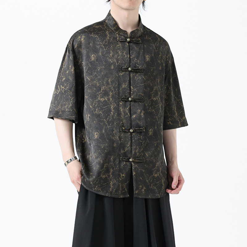 夏季风男装冰丝短袖衬衫新中式印花改良汉服A118-C21P65控88,男装T恤,电商A118