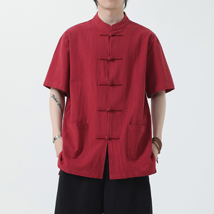 夏季风棉麻衬衫唐装短袖汉服亚麻复古衬衣男A118-C815P40控68图片