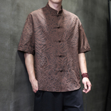 夏季风唐装新中式大码豹纹宽松复古短袖衬衫A118-C033P70控99，男装衬衫，电商A118