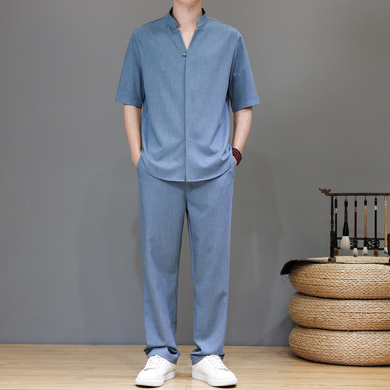 夏季风唐装高端轻奢天丝亚麻短袖套装男A118-TZ2503P165控228图片
