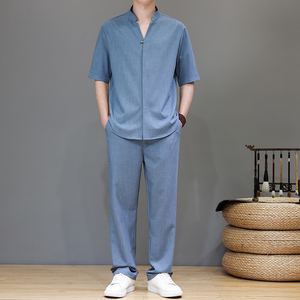 夏季风唐装高端轻奢天丝亚麻短袖套装男A118-TZ2503P165控228图片
