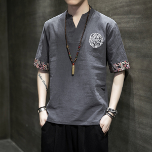 风夏季唐装短袖T恤棉麻亚麻大码宽松汉服刺绣男A118-A02-P45图片