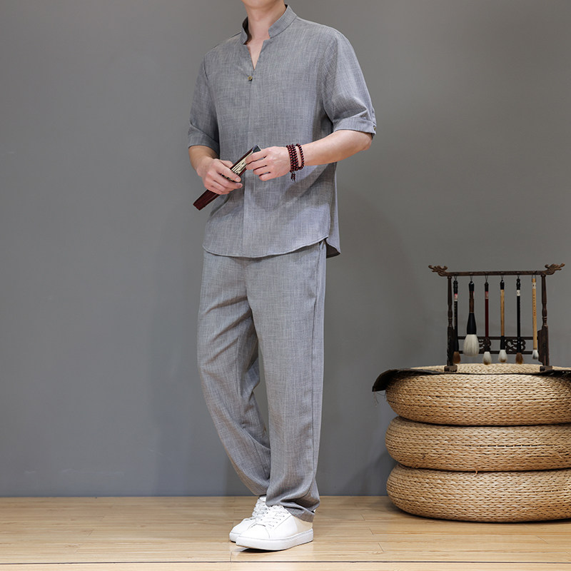 夏季风亚麻天丝高端唐装短袖套装茶服男A118-TZ2503P165控228,男装休闲套装,电商A118