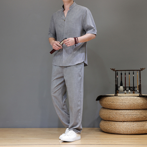 夏季风亚麻天丝高端唐装短袖套装茶服男A118-TZ2503P165控228图片