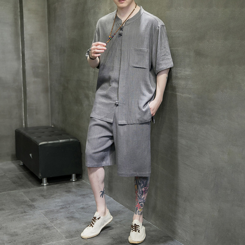 夏季风棉麻套装亚麻大码唐装短袖T恤男A118-TZ201-P110控168,男装休闲套装,电商A118