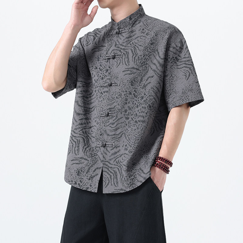 夏季风短袖唐装中式复古豹纹大码立领衬衫男A118-C033P70控99,男装T恤,电商A118