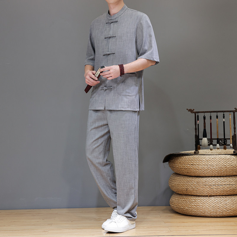 夏季风亚麻天丝高端唐装短袖套装茶服男A118-TZ2501P165控228,男装休闲套装,电商A118