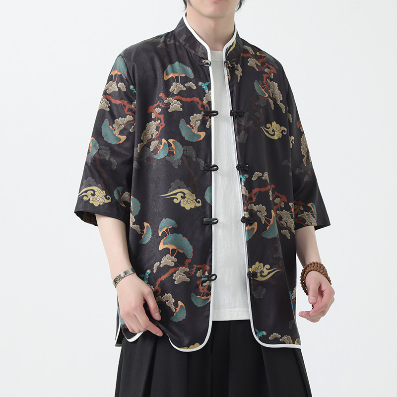 夏季风男装冰丝短袖唐装印花中式汉服T恤衬衫A118-C01P65控88,男装衬衫,电商A118