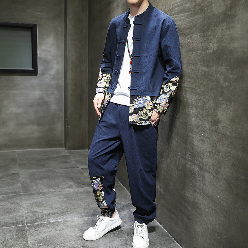 春季风男装中式复古唐装汉服棉麻亚麻两件套A118-TZ2022-P95,男装休闲套装,电商A118