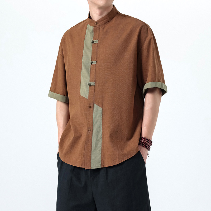 2025夏季风棉麻拼接短袖唐装大码复古衬衫男A118-C031P70控99,男装T恤,电商A118