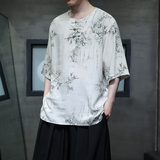 夏季风男装唐装棉麻亚麻大码短袖中式复古印花T恤A118-C23P65，男装T恤，电商A118