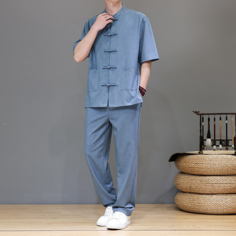 新中式夏季唐装天丝亚麻轻奢大码短袖套装男A118-TZ2501P165控228,男装休闲套装,电商A118
