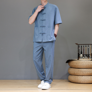 新中式夏季唐装天丝亚麻轻奢大码短袖套装男A118-TZ2501P165控228图片