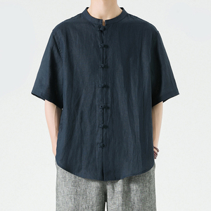 纯亚麻春夏风男装唐装短袖衬衫宽松透气衬衣A118-C805P85图片