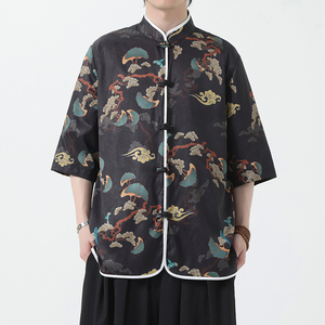 夏季风男装冰丝短袖唐装印花中式汉服T恤衬衫A118-C01P65控88图片