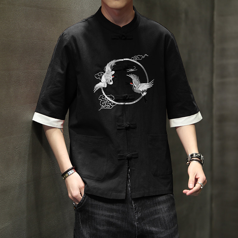 夏季风唐装棉麻亚麻大码刺绣中式短袖复古衬衣男A118-C701P60,男装衬衫,电商A118