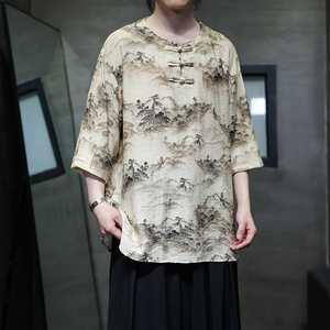 夏季风男装唐装汉服短袖新中式冰丝印花T恤A118-T501P60控78图片