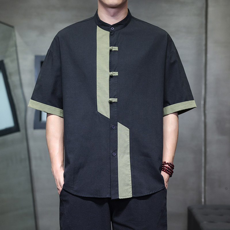 夏季风短袖唐装复古衬衫中式拼接大码潮男A118-C031P70控99，男装衬衫，电商A118