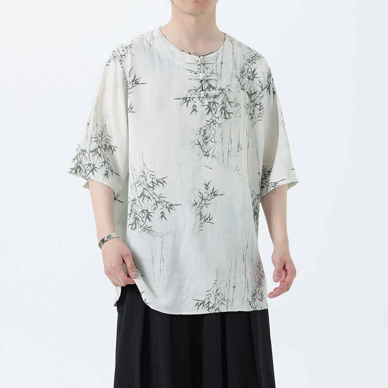 夏季风男装新中式棉麻短袖亚麻T恤印花汉服男A118-C23P65控88，男装T恤，电商A118