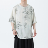 夏季风男装新中式棉麻短袖亚麻T恤印花汉服男A118-C23P65控88，男装T恤，电商A118