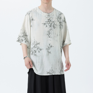 夏季风男装新中式棉麻短袖亚麻T恤印花汉服男A118-C23P65控88,男装T恤,电商A118